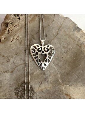 Solid Sterling Silver 925 Pierced Heart Pendant Necklace 17" Box Chain